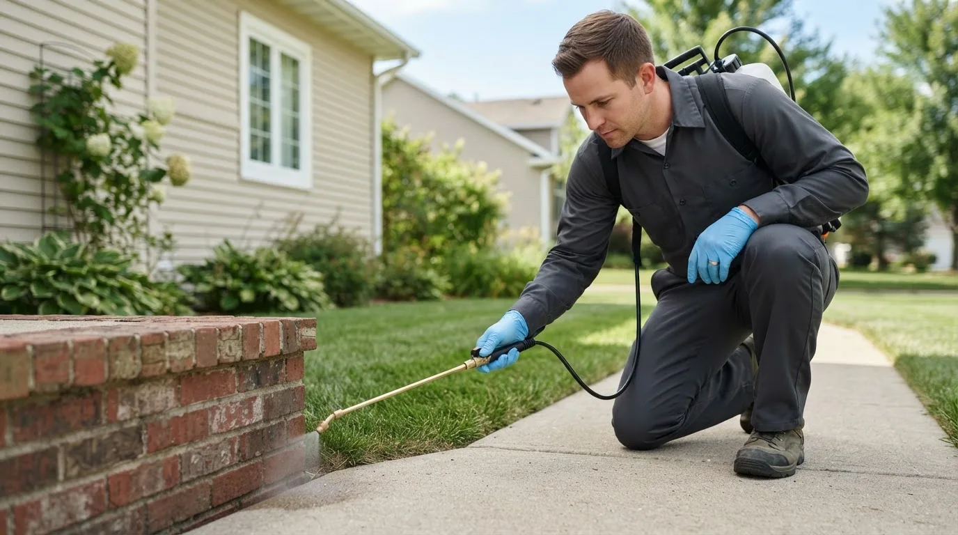 Pest control technician treating a home near Sunman, IN