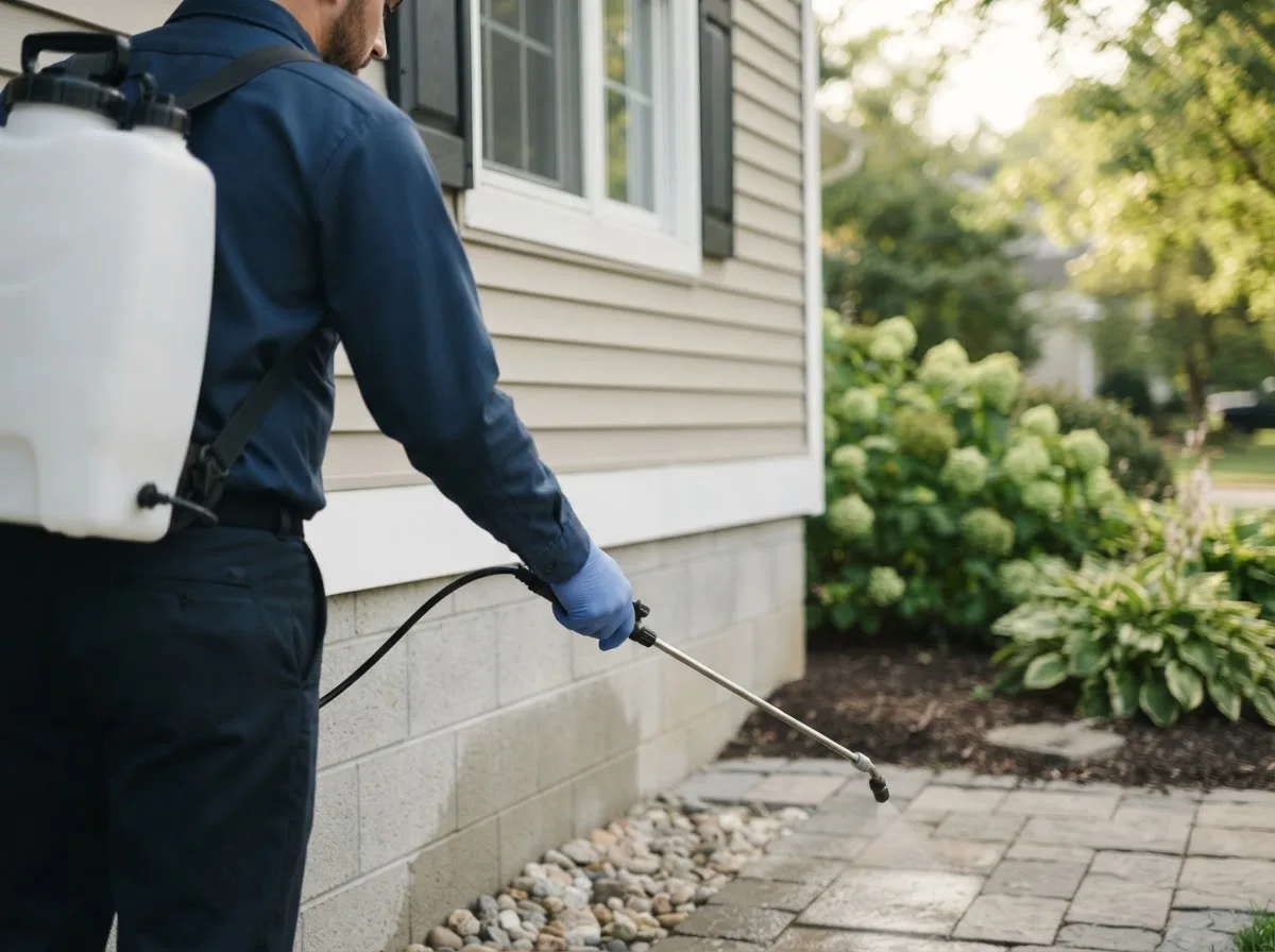 Pest control technician inspecting a home in Sunman, IN